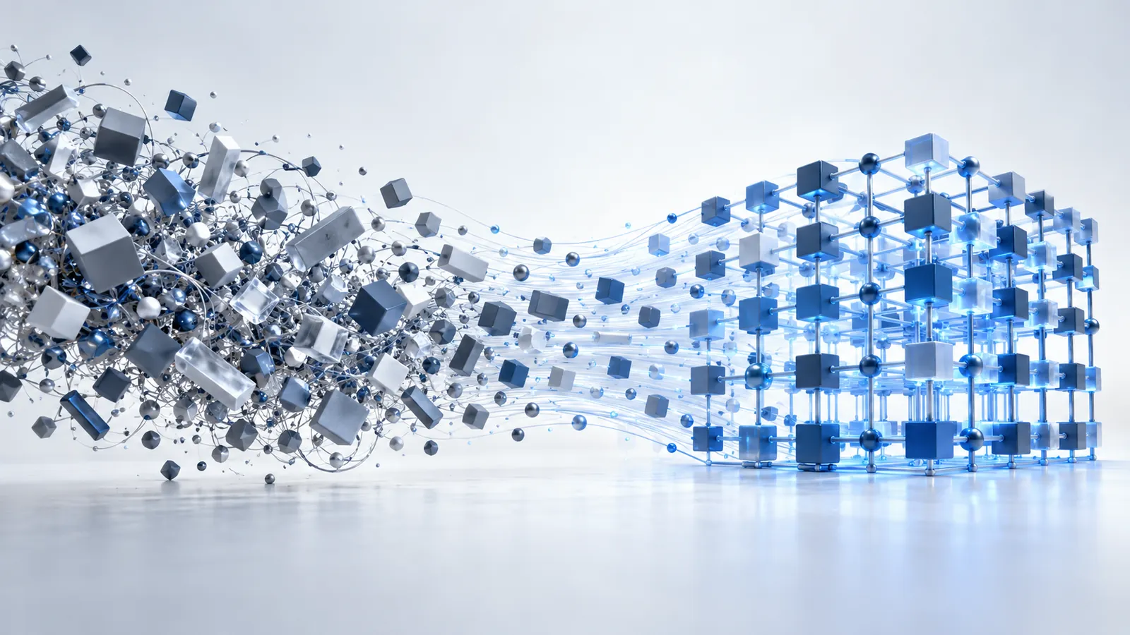 Scattered grey and blue cubes flowing into an ordered cobalt lattice